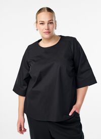 Bluse med stikningsdetaljer og 3/4-ermer, Svart Bluse med stikningsdetaljer og 3/4-ermer, Svart, Model