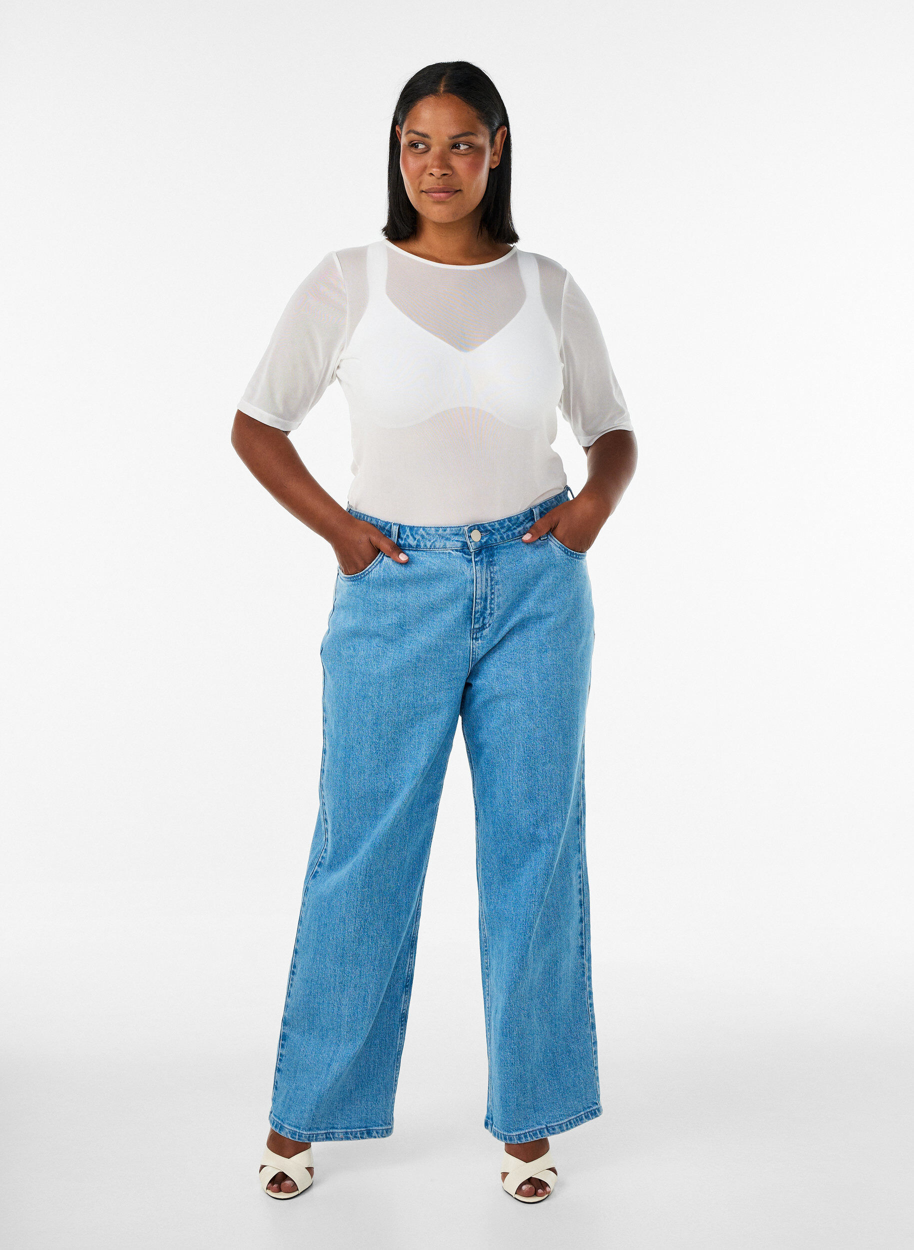 ZizziMesh topp med korte ermer og rund hals, Vanilje, Model image number 1