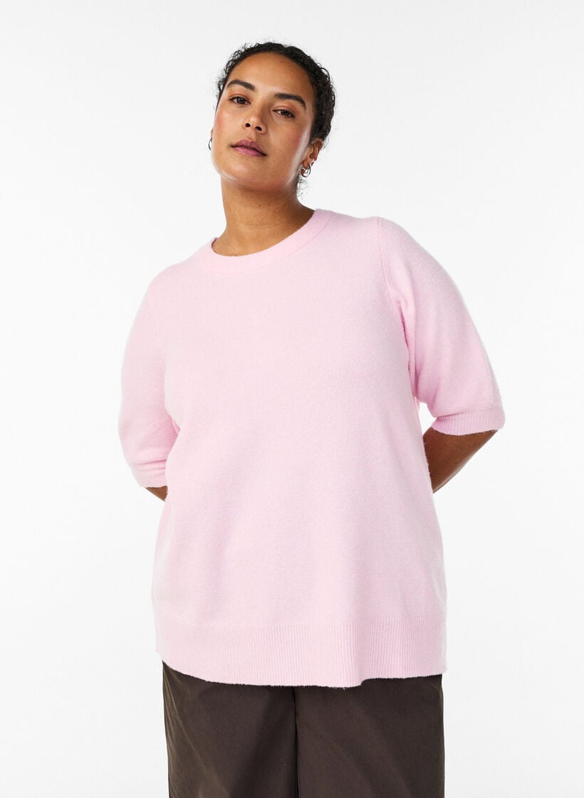Strikkebluse med korte ermer, Rosa, Model
