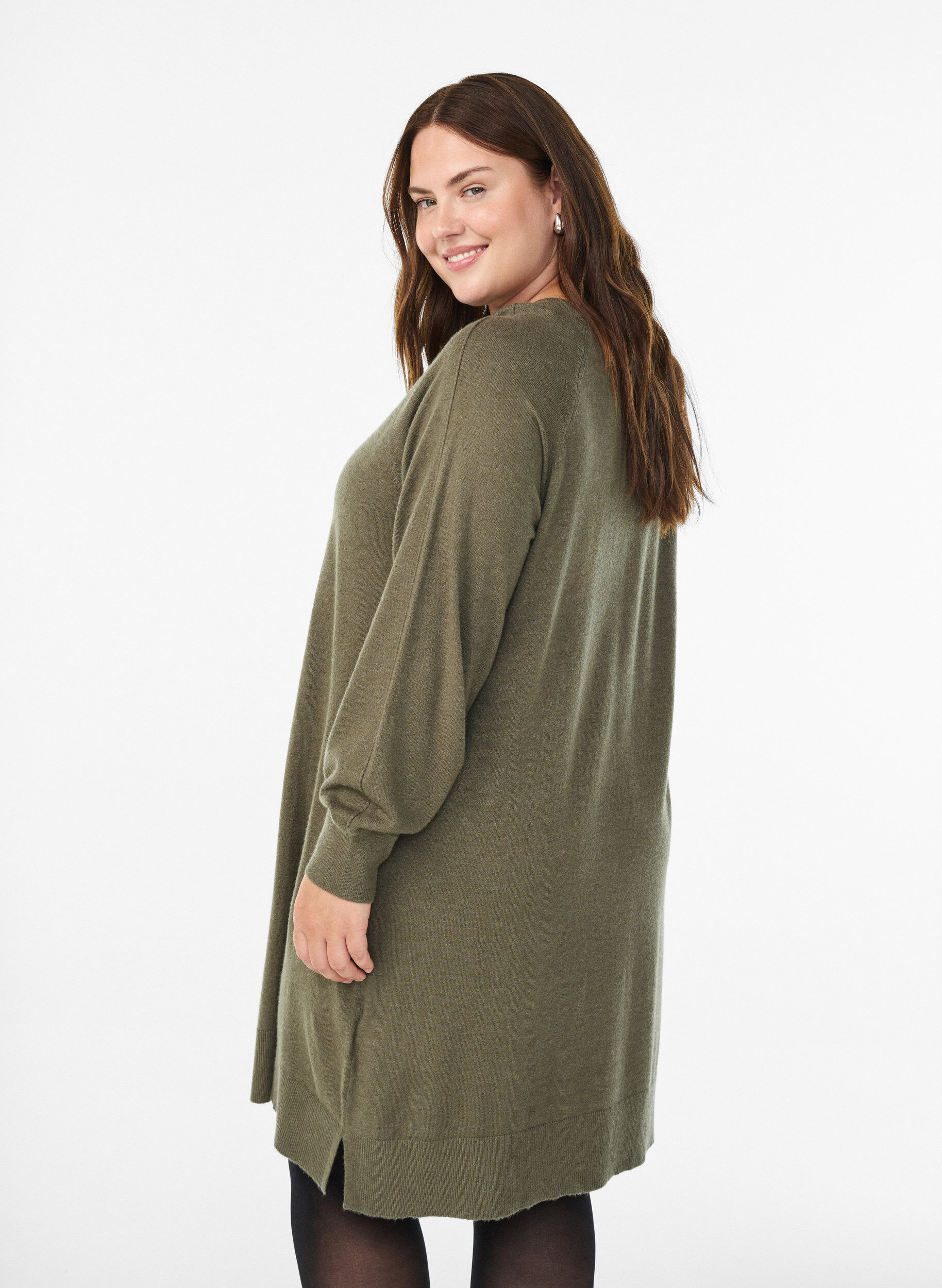 ZizziKort strikkekjole med raglanermer og en midts&oslash;m, Gr&oslash;nn, Model image number 2