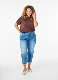 7/8 jeans med oppbrettede kanter og høy midje, Blå 7/8 jeans med oppbrettede kanter og høy midje, Blå, Model