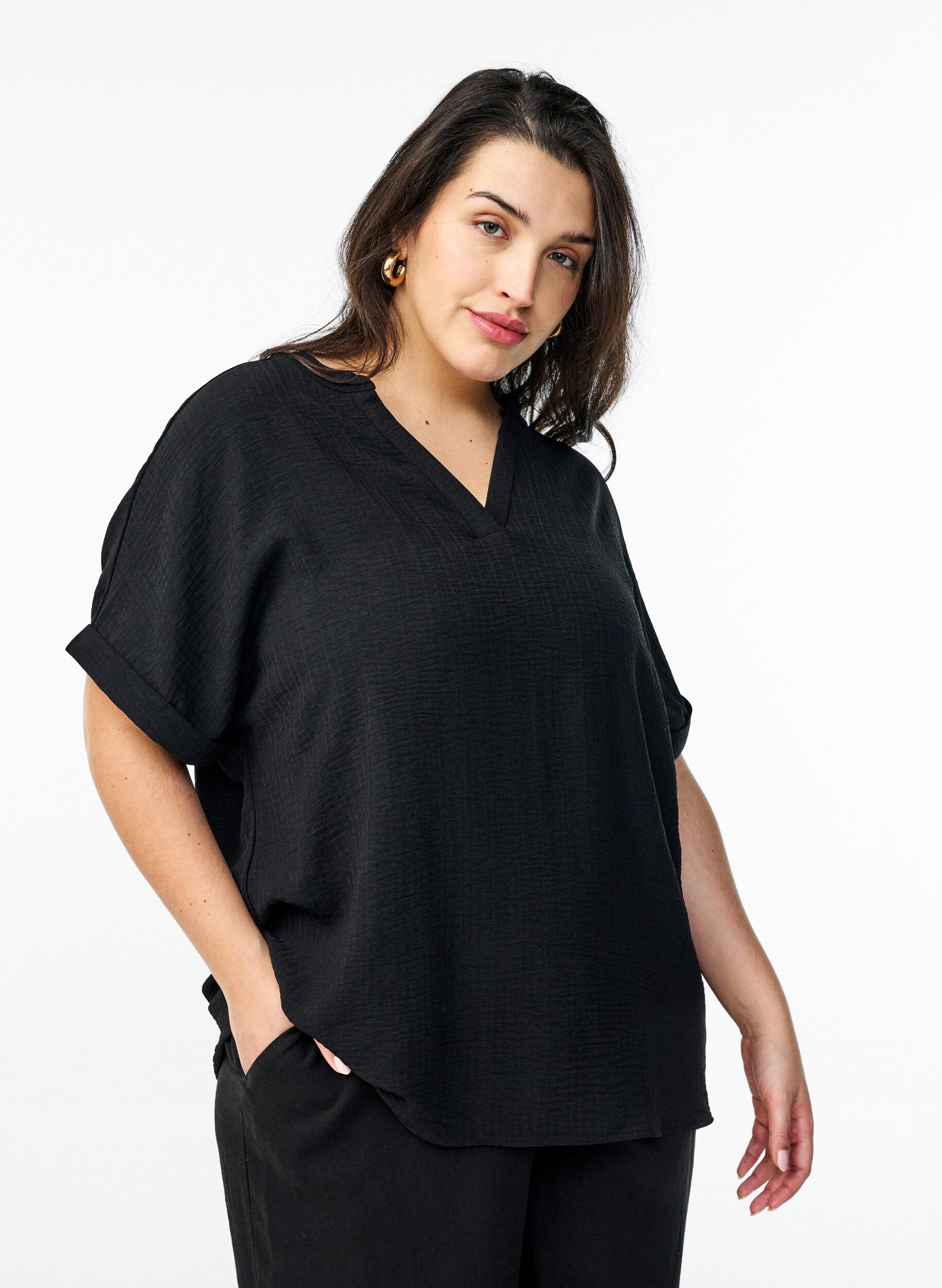 ZizziL&oslash;s bluse med korte ermer, Svart, Model image number 0