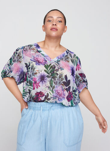 Blomstrete bluse med 2/4-ermer, Purple Flower mix, Model image number 0