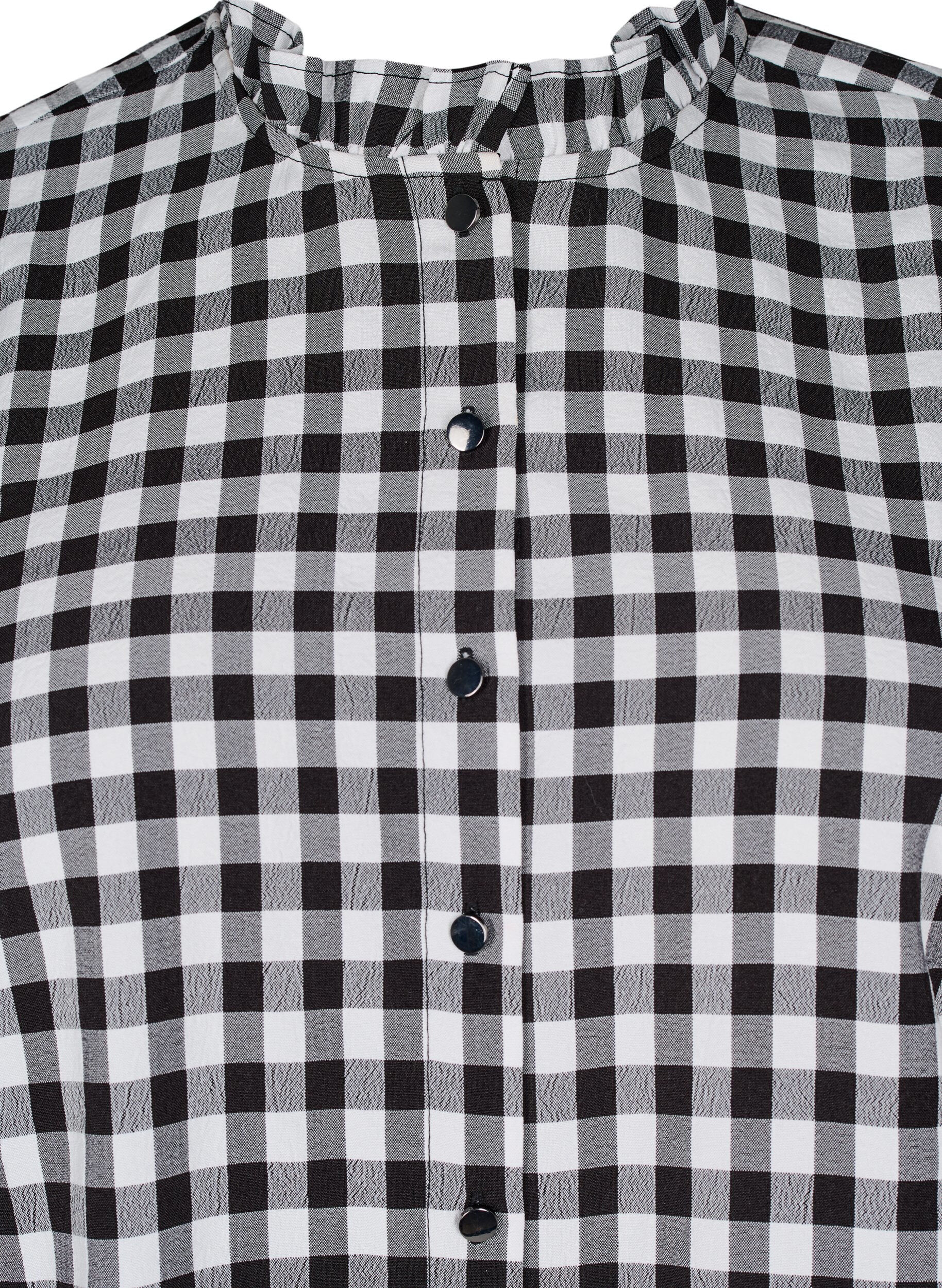 Zizzi Rutete bluse med volangdetaljer, Black/W. Gingham, Packshot image number 2