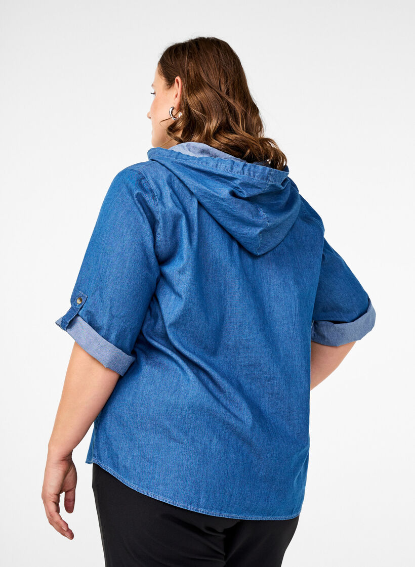 Denimbluse med hette, Medium Blue Denim, Model image number 1