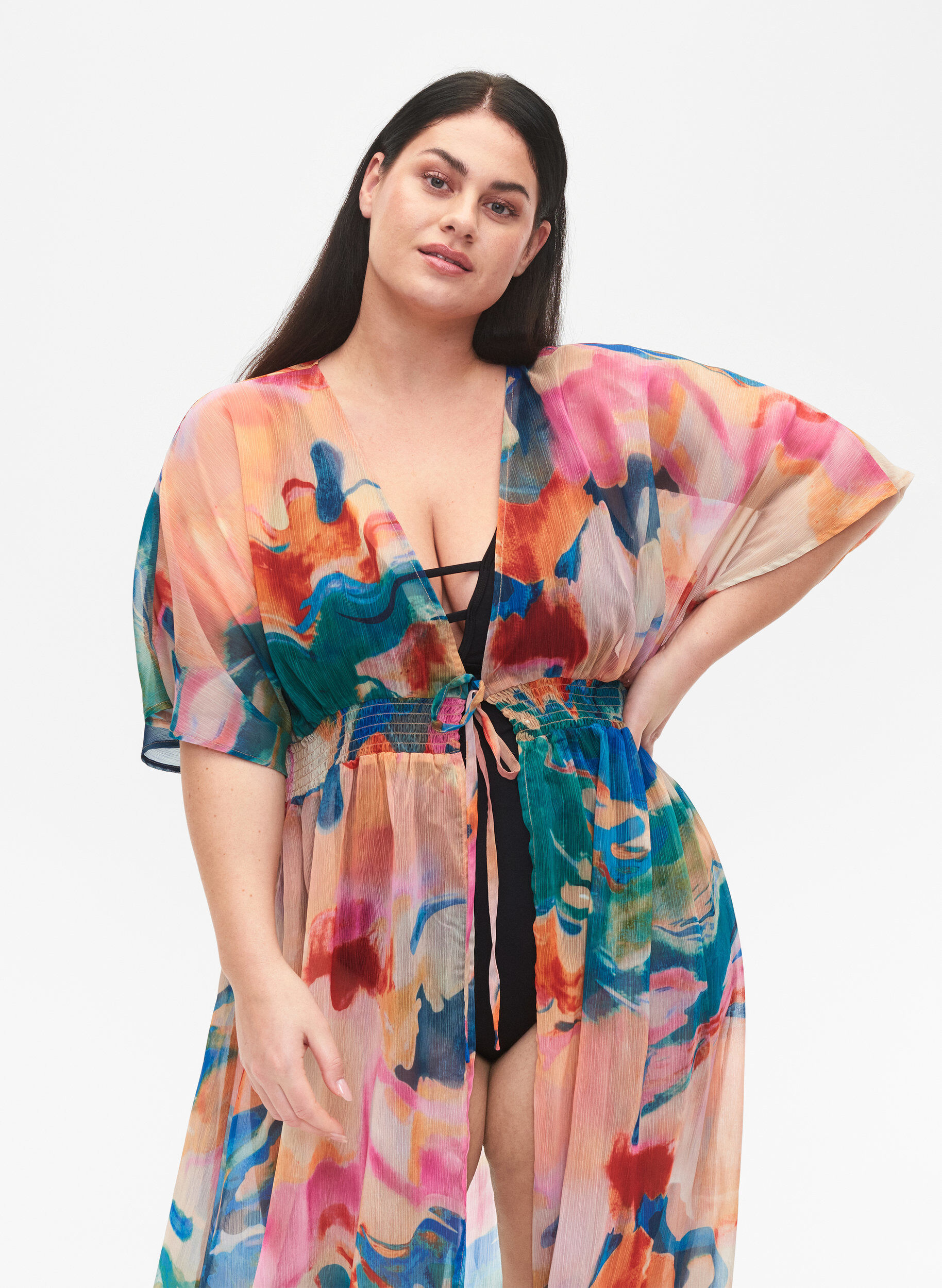 Zizzi Strandkimono med m&oslash;nster, Watercolor, Model image number 2