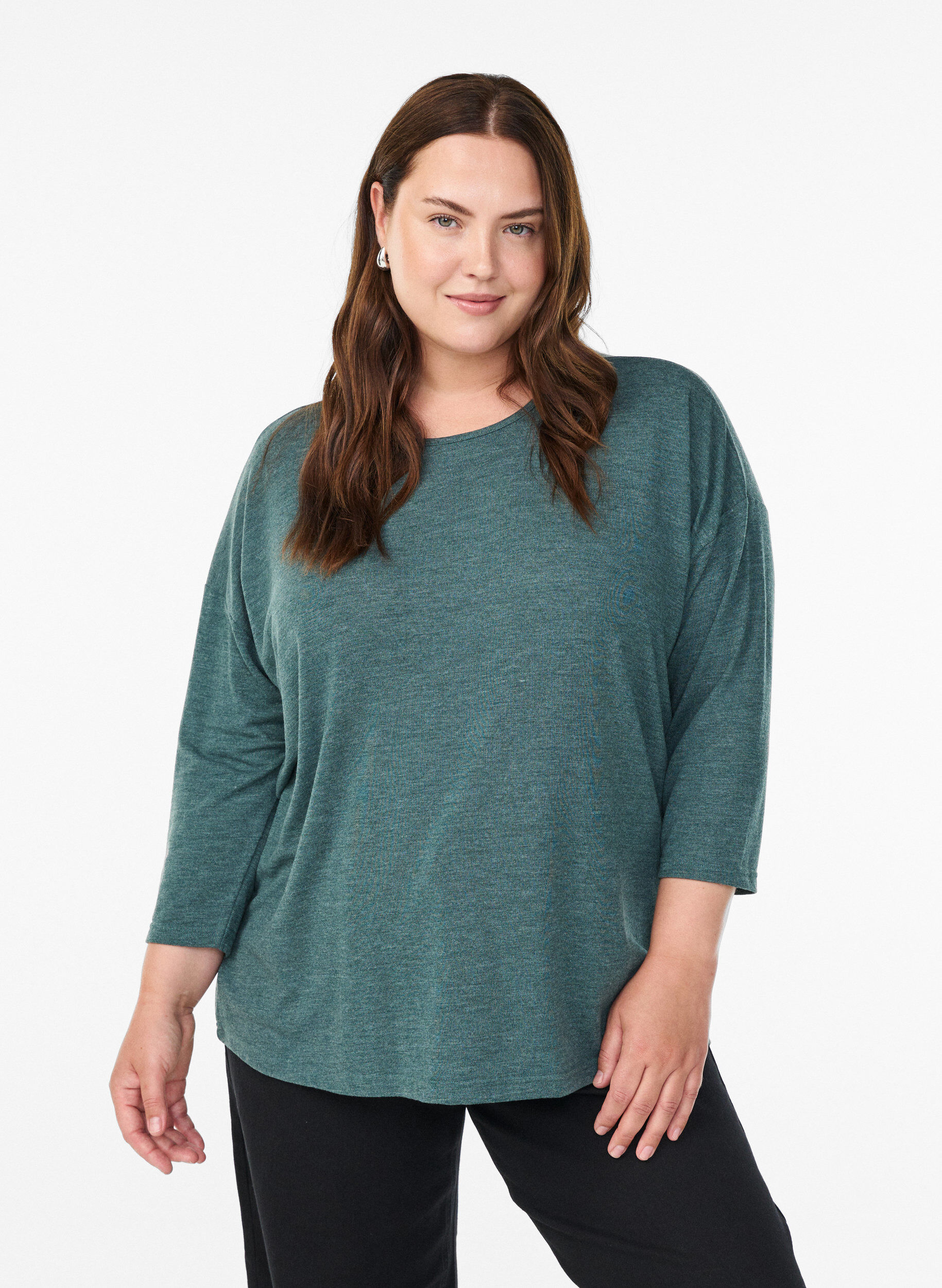 Jersey bluse med 3/4 ermer, Gr&oslash;nn, Model