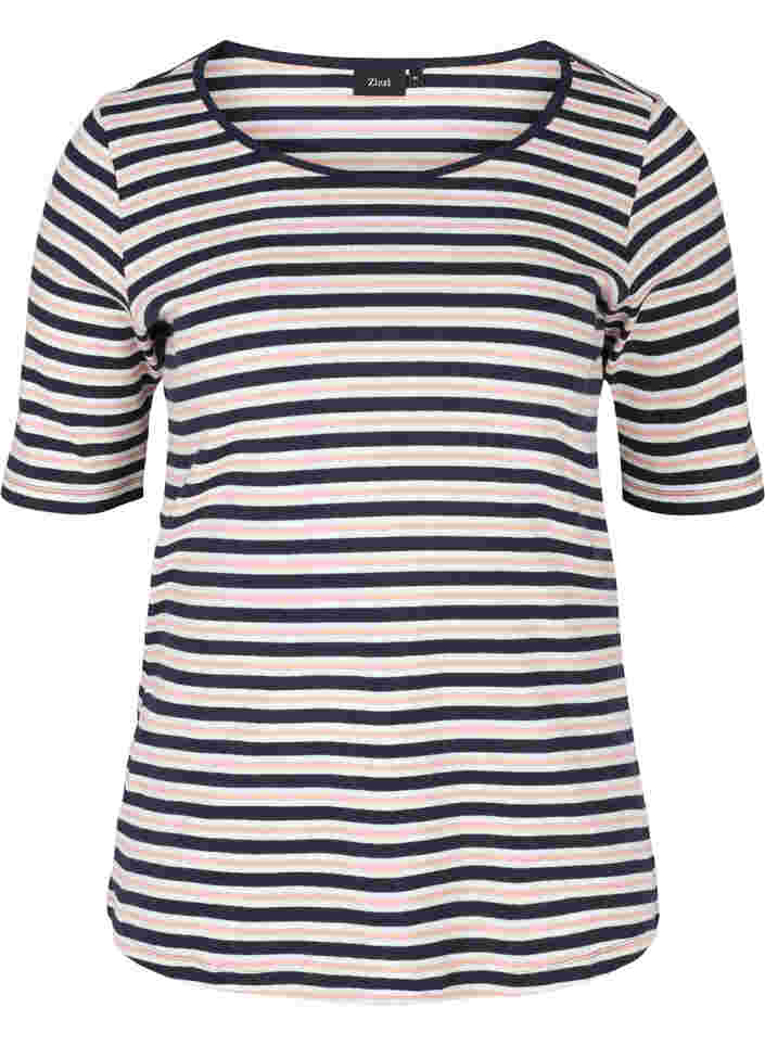 Stripete T-skjorte i bomull med ribbet struktur, Blue Rose Stripe, Packshot image number 0