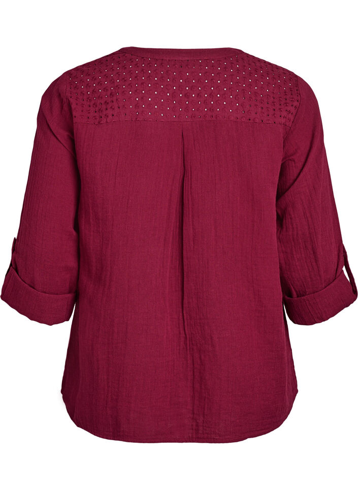 Bluse i bomullsmuslin med broderi anglaise, M&oslash;rk Bordeaux, Packshot image number 1