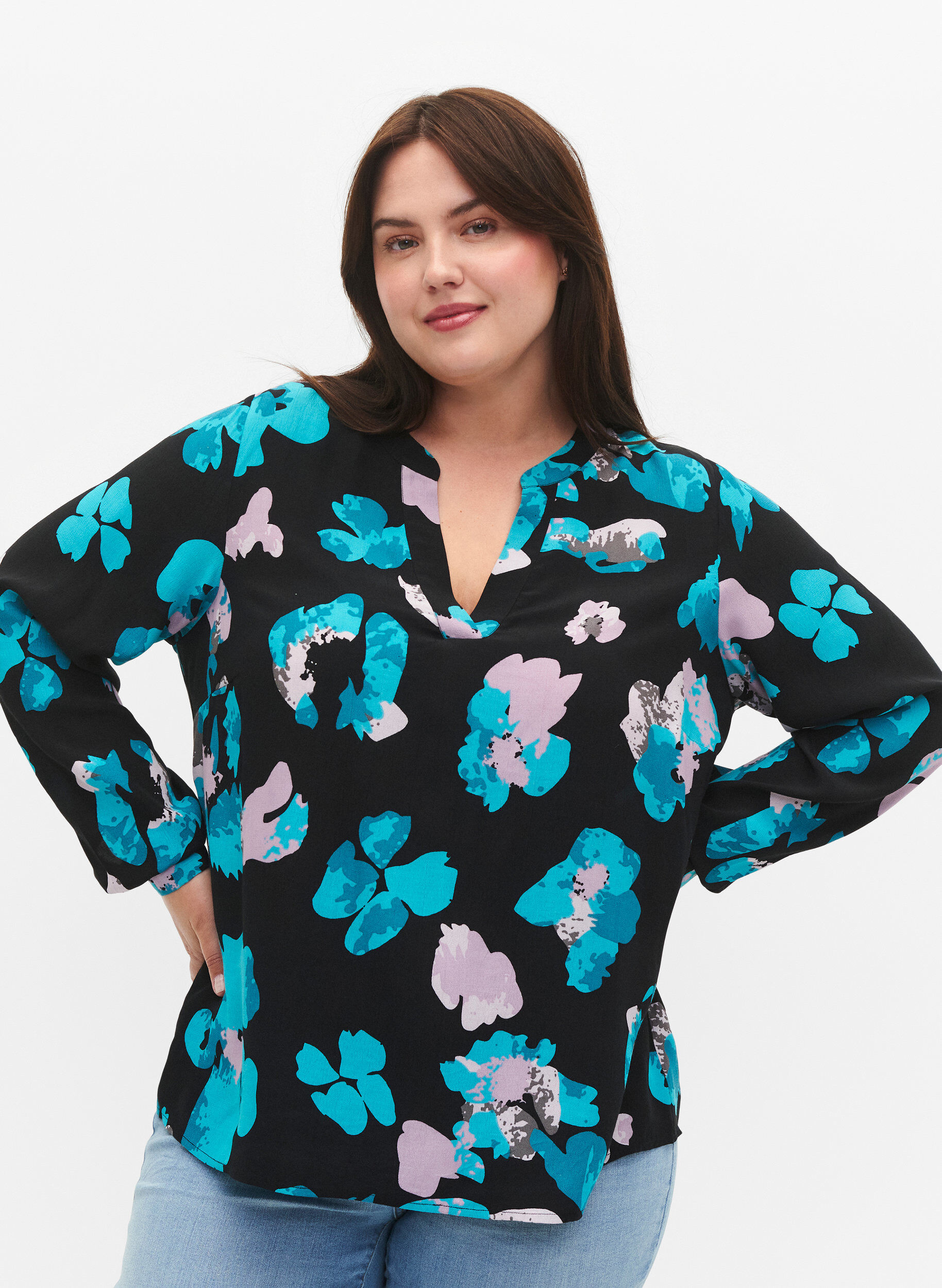 Zizzi Langermet viskosebluse med print, Blue AOP, Model image number 2