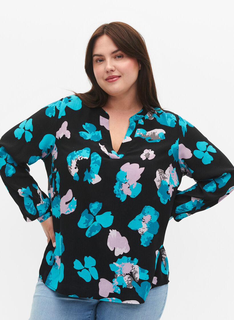 Langermet viskosebluse med print, Blue AOP, Model image number 2