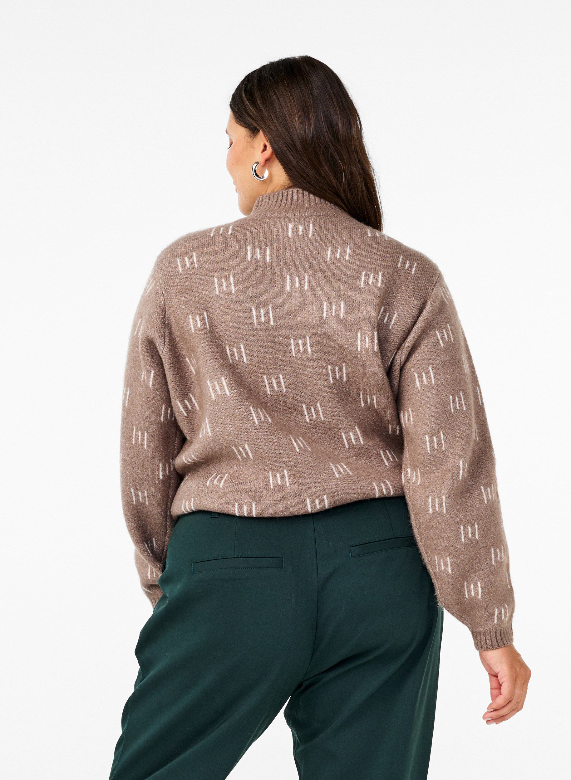 Zizzi Strikket bluse med m&oslash;nster og h&oslash;y hals, Walnut Mel. Comb, Model image number 1
