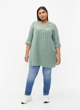 Tunika i bomull med broderi anglaise, Chinois Green, Model image number 2