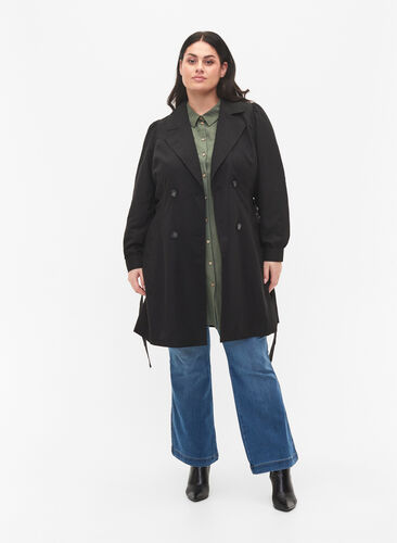 Trenchcoat med belte og lommer, Black, Model image number 2
