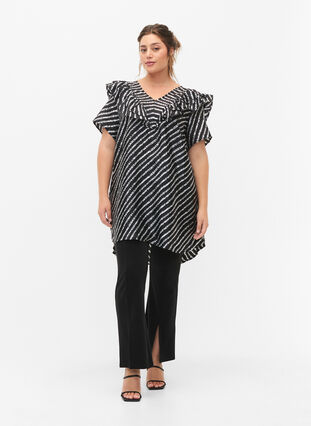 Stripete tunika med frynser, Black/White Stripes, Model image number 3