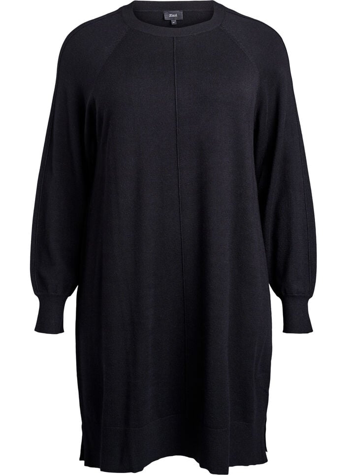 Kort strikkekjole med raglanermer og en midts&oslash;m, Svart, Packshot image number 0