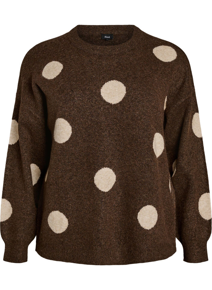 Strikkebluse med prikket m&oslash;nster, Brun, Packshot image number 0