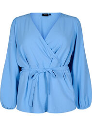 Langermet omslagsbluse med knytebelte, Della Robbia Blue