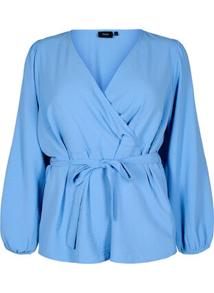 Zizzi Langermet omslagsbluse med knytebelte, Della Robbia Blue, Packshot image number 0