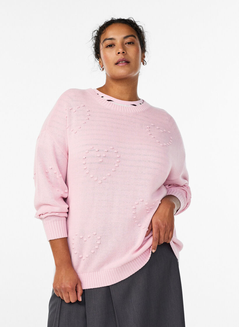 Løs strikkebluse med hjertemønster, Rosa, Model image number 0