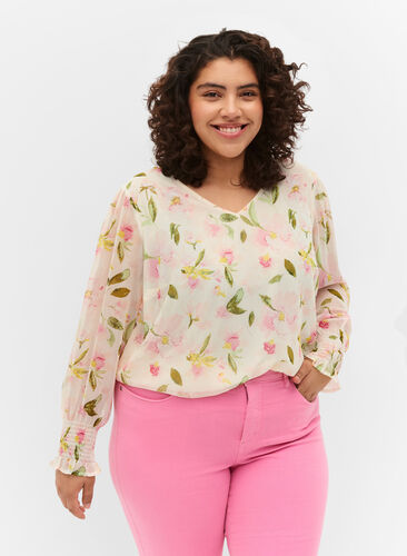 Blomstrete bluse med lange ermer og V-hals, White/Pink Flower, Model image number 0