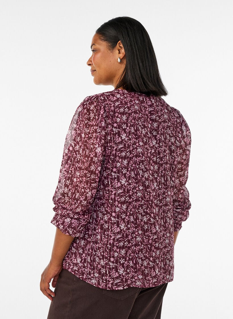 Bluse med blomstertrykk og glittertr&aring;d, R&oslash;d, Model image number 2