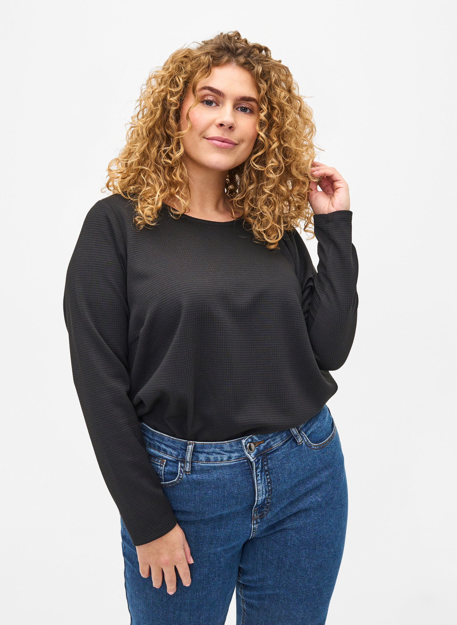 Zizzi Bluse med struktur i A-snitt, Black, Model image number 0