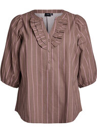 Bluse med 3/4 ermer i bomull med striper, Fossil Pink Stripe