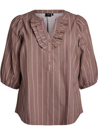 Bluse med 3/4 ermer i bomull med striper, Brun Bluse med 3/4 ermer i bomull med striper
