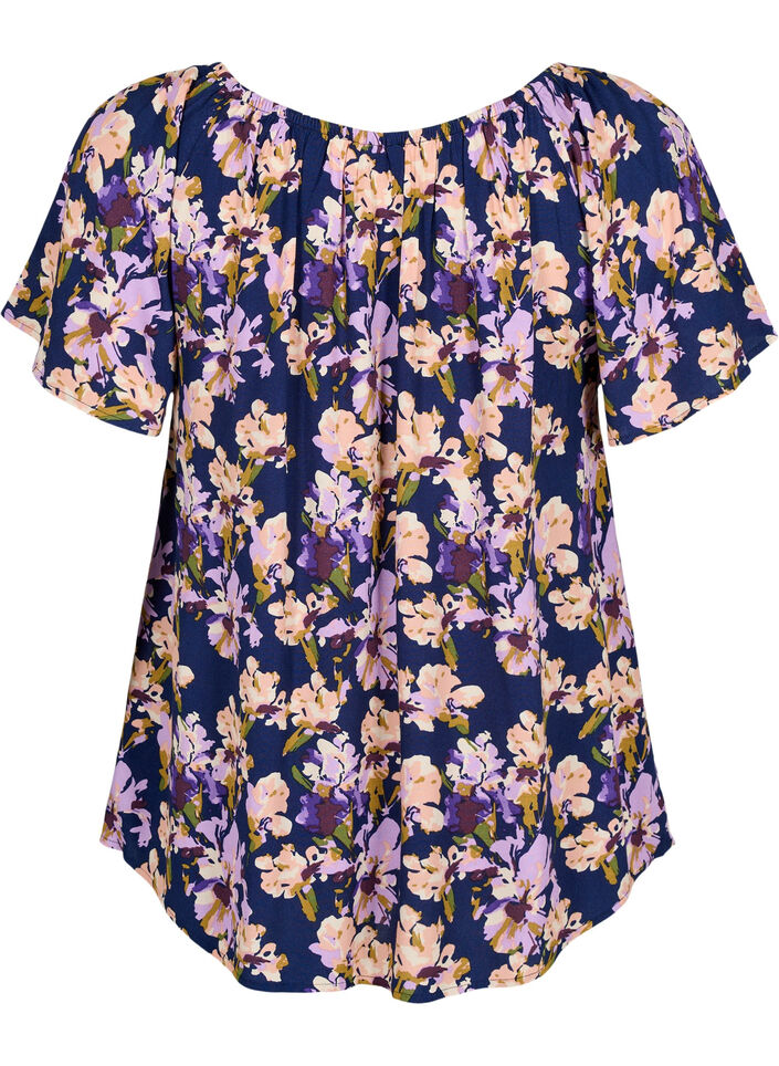 Blomstret viskosebluse med korte ermer, Small Flower AOP, Packshot image number 1