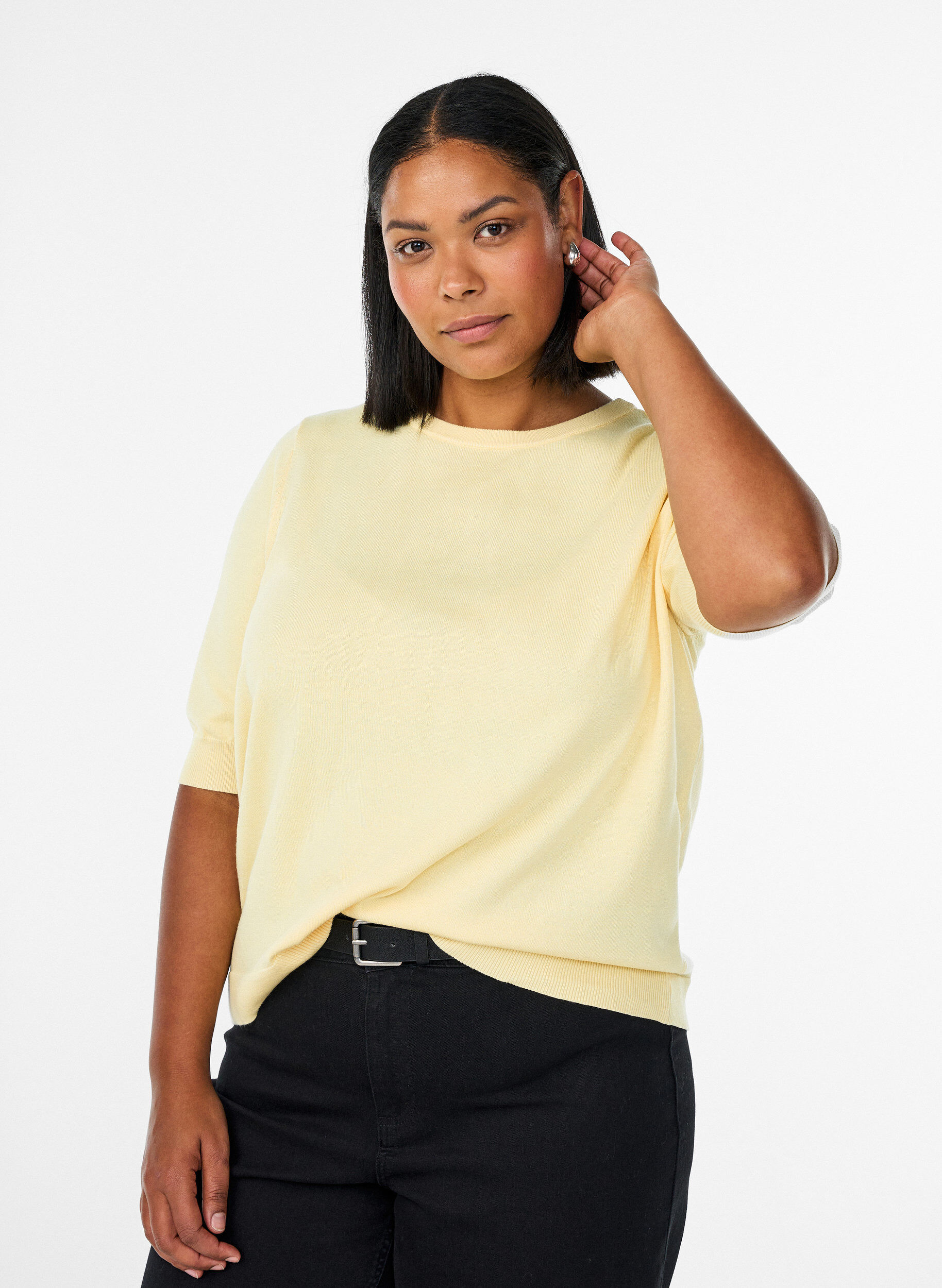 ZizziFinstrikket bluse med korte ermer, Gul, Model image number 0
