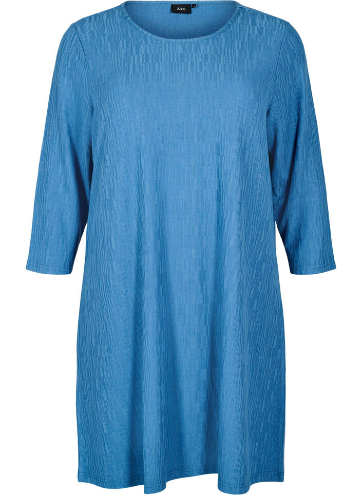Kjole med tekstur og 3/4 ermer, Blå, Packshot image number 0