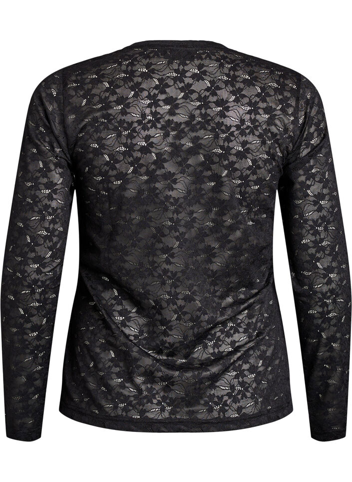 Bluse med blonder, rund hals og slim fit, Svart, Packshot image number 1