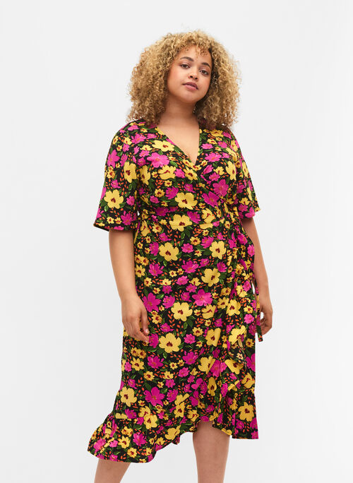Mønstret omslagskjole med korte ermer (GRS), Yellow Pink Flower, Model