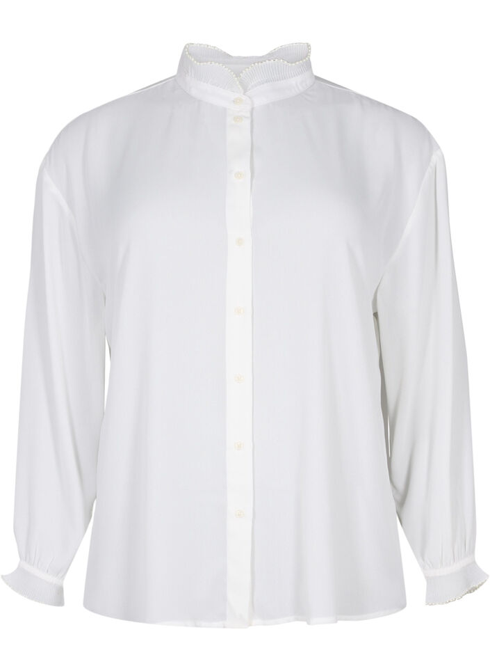 Skjortebluse med volangdetaljer, Bright White, Packshot image number 0