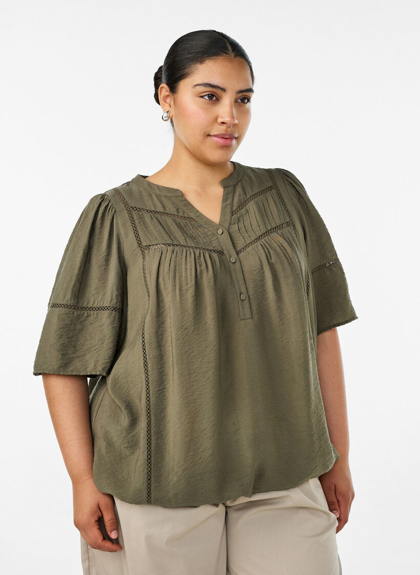 Viskosebluse med legg og ballongeffekt, Gr&oslash;nn, Model image number 0