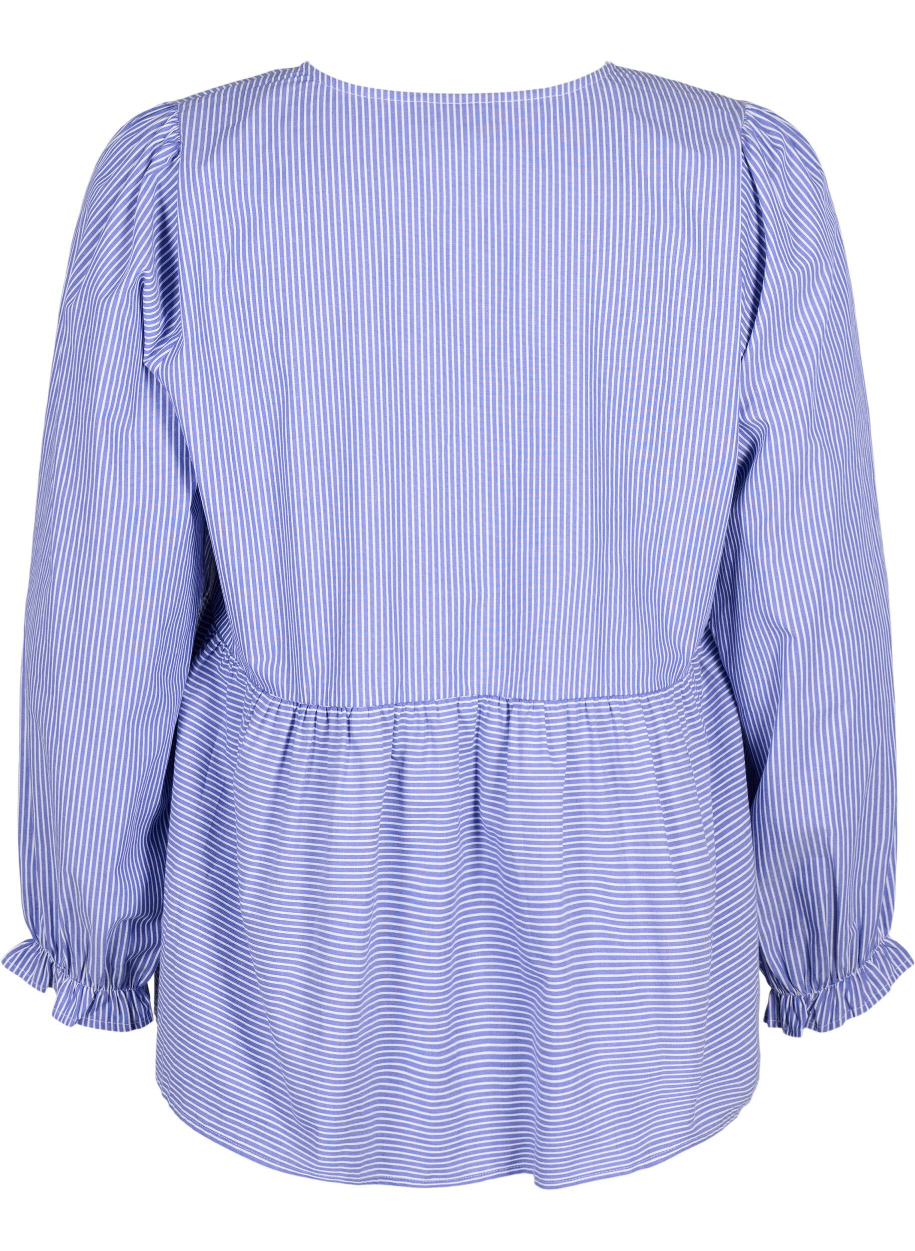 Zizzi Stripete bomullsbluse med knyttedetaljer, Baja Blue Stripe, Packshot image number 1
