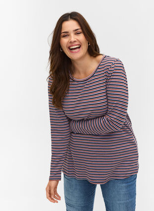 Stripete genser med lange ermer, Mahogany/Navy Stripe, Model image number 0