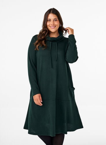 Zizzi Jerseykjole med høy hals og lommer, Grønn, Model image number 0