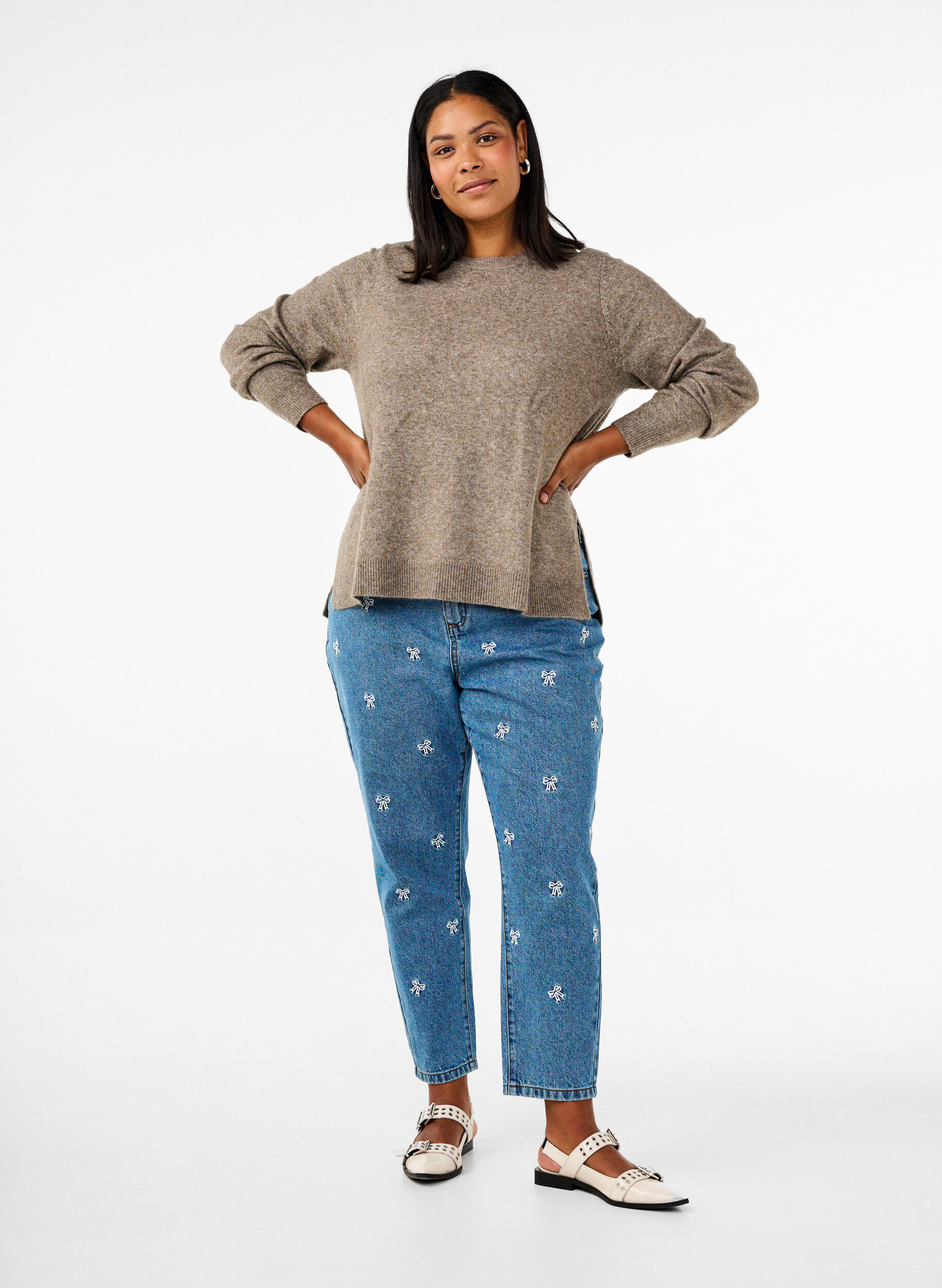 Zizzi Strikket topp med ull og splitter, Walnut Mel., Model image number 2