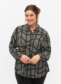 Langarmet skjortebluse med fransk detaljer, Black Graphic AOP, Model