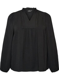 Bluse med V-hals og heklet b&aring;nd, Svart