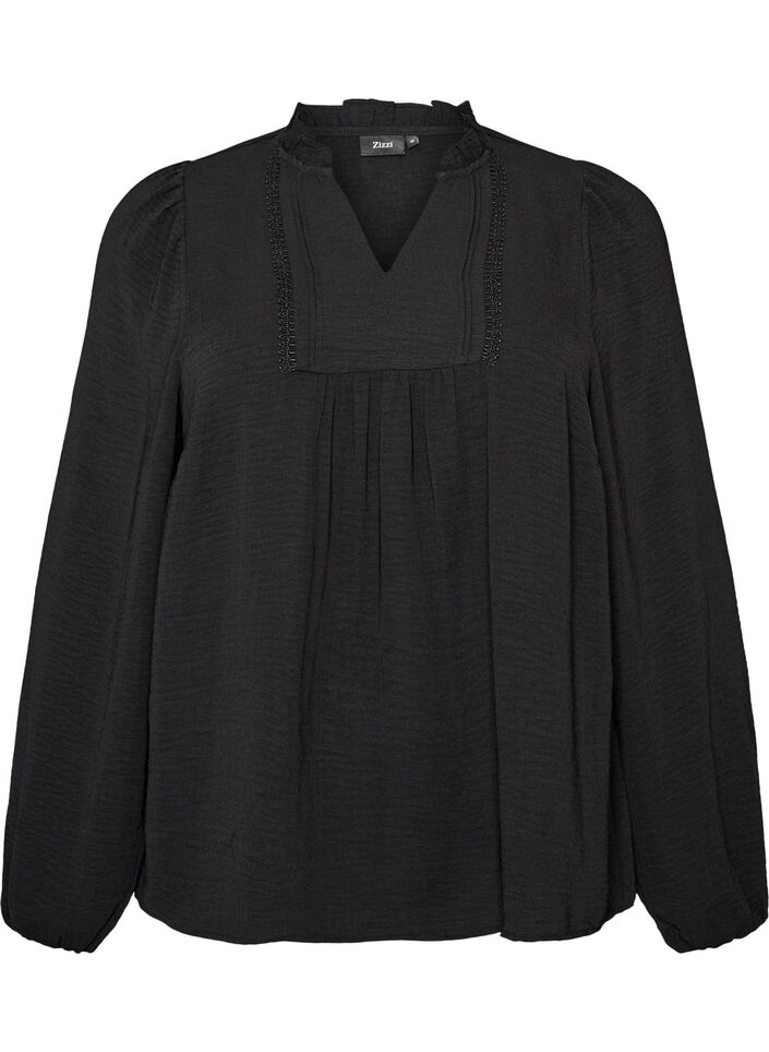 Bluse med V-hals og heklet b&aring;nd, Svart, Packshot image number 0