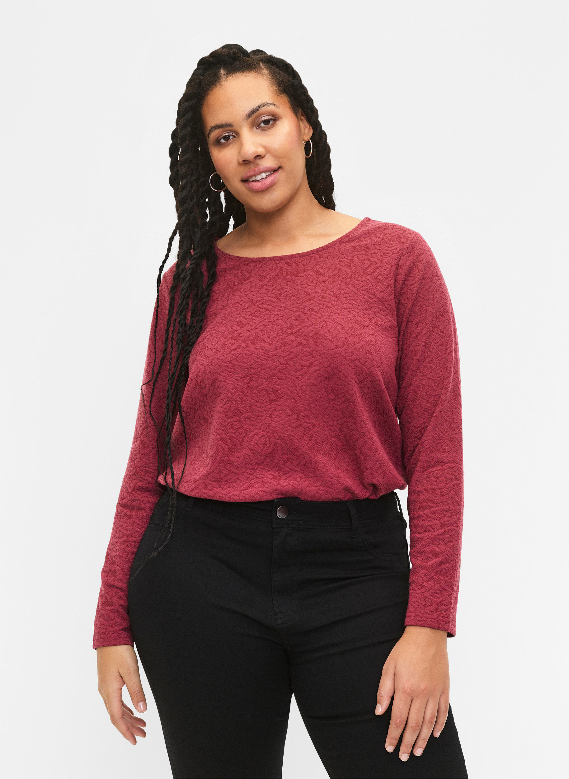 Zizzi Langermet bluse med tekstur, Rosa, Model image number 0