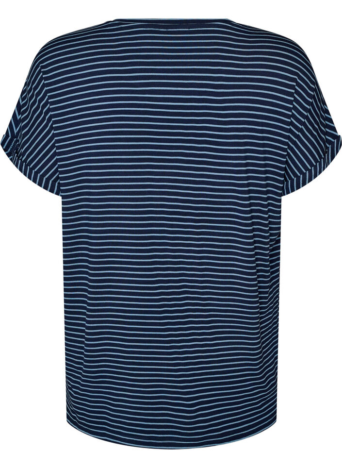 Stripete T-skjorte i viskose med rund hals, Bl&aring;, Packshot image number 1