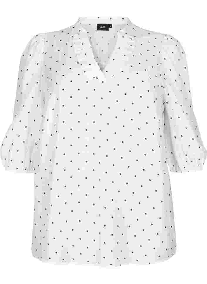 Prikkete bluse med 3/4 ermer i viskosemateriale, White Dot, Packshot image number 0