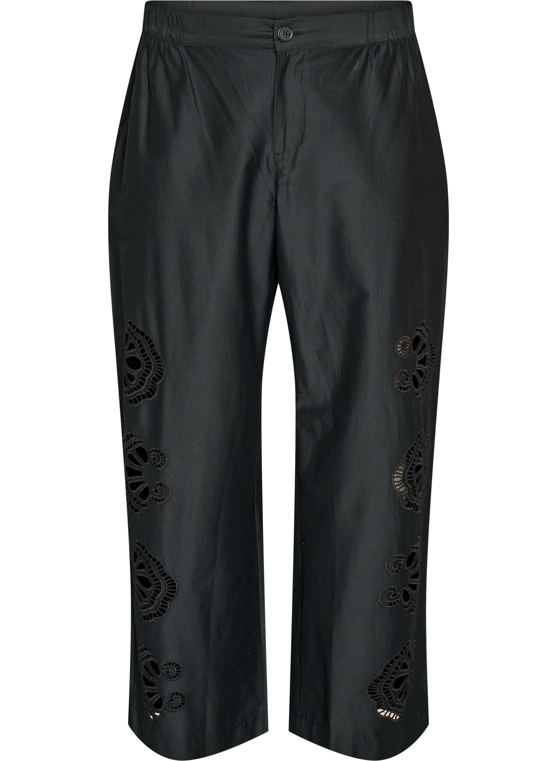ZizziBomullsbukser med broderte utskj&aelig;ringer, Svart, Packshot image number 0