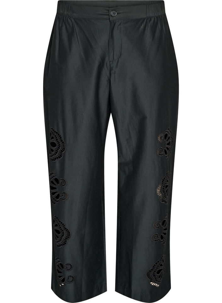 Bomullsbukser med broderte utskj&aelig;ringer, Svart, Packshot image number 0
