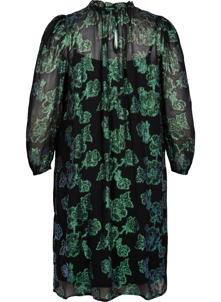 Blomstrete kjole i viskose med lurex struktur, Black w. Green Lurex, Packshot image number 1