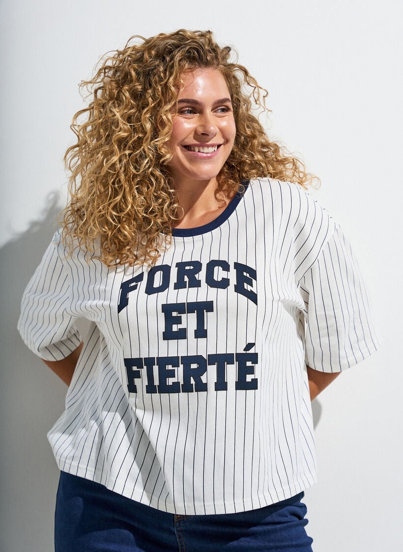 Boxy T-skjorte med striper og statement-trykk, Hvit, Image image number 0